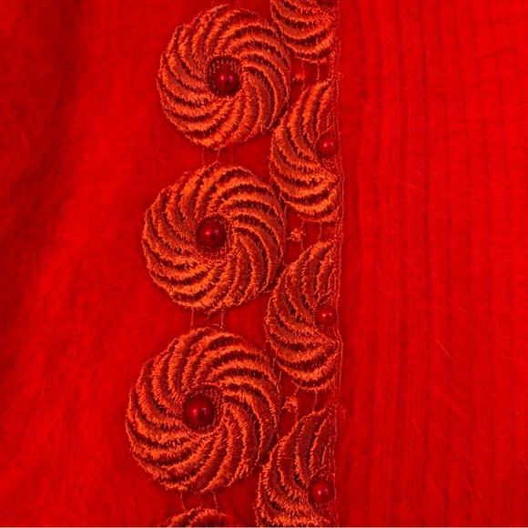 Unique Intl’ Vintage Red Angora Wool Beaded Open Front Cardigan Sweater Jacket - Picture 5 of 10